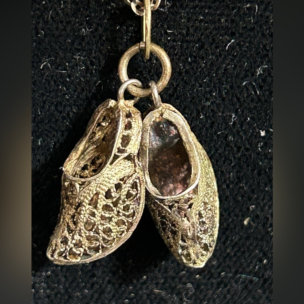 Vintage sterling silver filigree Dutch shoes necklace charms pair